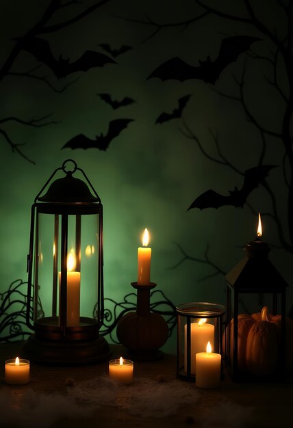 Photo a display of candles and a lantern with bats on it