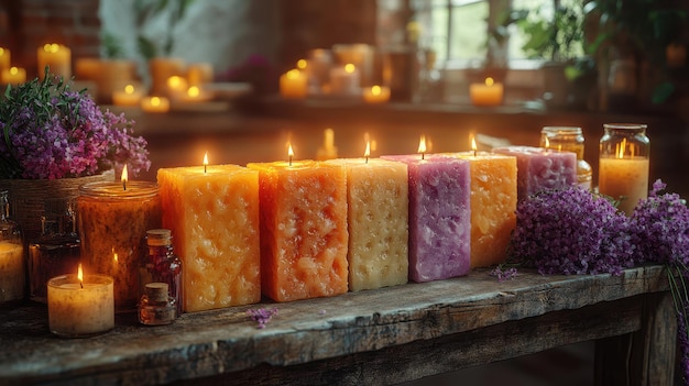 a display of candles with candles in the middle of them