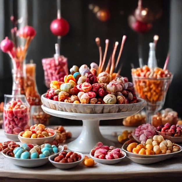 Photo a display of candy is displayed on a table with a bowl of candy