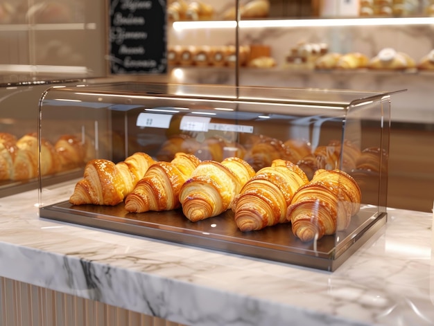 Display case filled with croissants and pastries generative ai