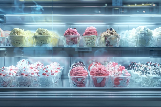 Photo display case with assorted ice cream generative ai