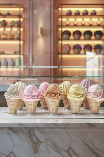 Photo display case with assorted ice cream generative ai