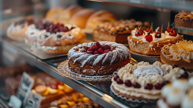 Photo display case with baked goods in a bakery closeup