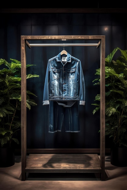 A display case with a denim jacket hanging from it.