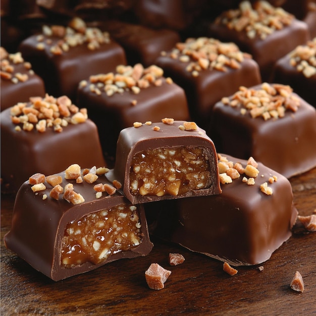 A display of chocolatecovered toffees with a crunchy center