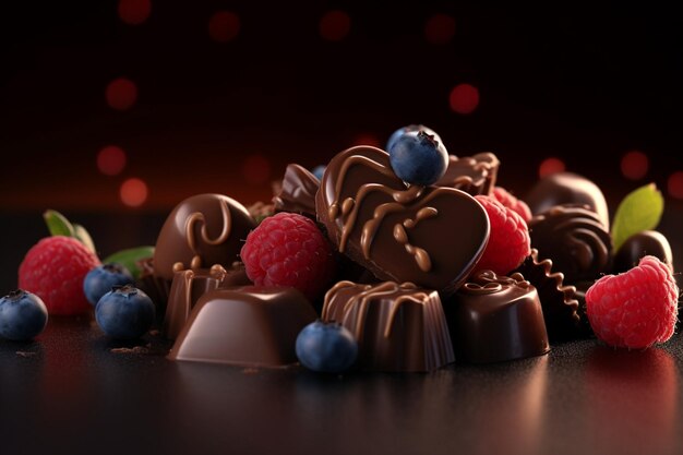 A display of chocolates and berries with a dark background