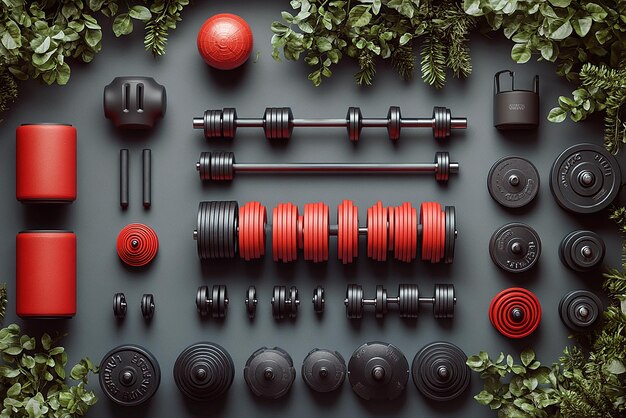 Photo a display of christmas balls and a black background with a red ball and a green wreath