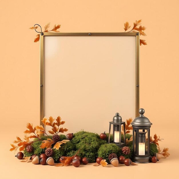 a display of christmas decorations with a gold frame and a wreath with a lantern on it