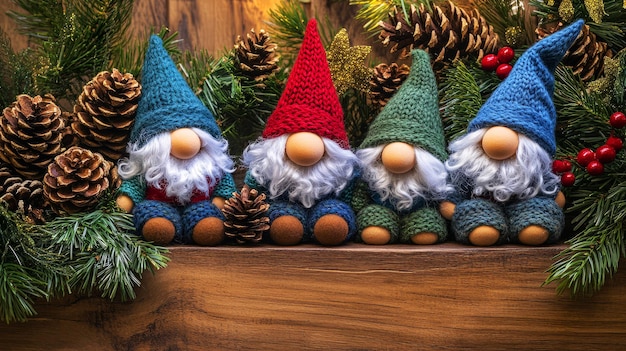 Photo a display of christmas toys including santa pine cones and pine cones