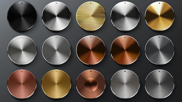 Photo display of circular metal buttons with a chrome finish