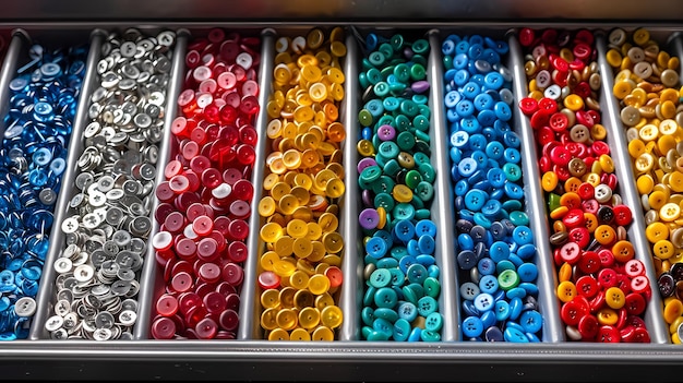 a display of colorful buttons with a red circle and a red circle