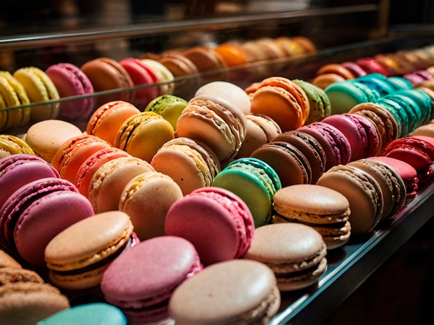 A display of colorful macarons with a row of different colors