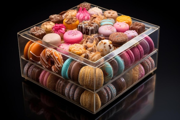 Photo a display of colorful pastries including one that says " the name of the word "