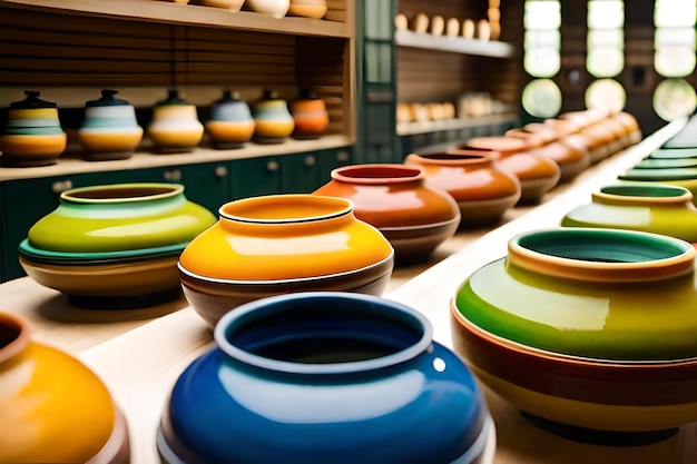 A display of colorful pottery with the number 10 on the front.