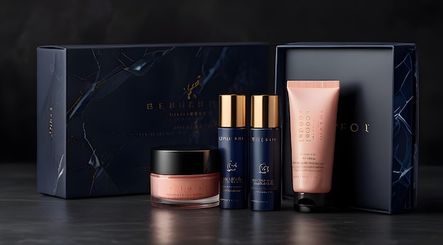 Display cosmetic products such as blush mascara and highlighter in sleek navy blue packaging