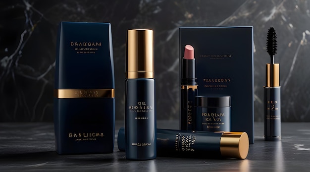 Display cosmetic products such as blush mascara and highlighter in sleek navy blue packaging