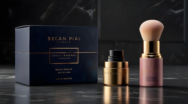 Display cosmetic products such as blush mascara and highlighter in sleek navy blue packaging