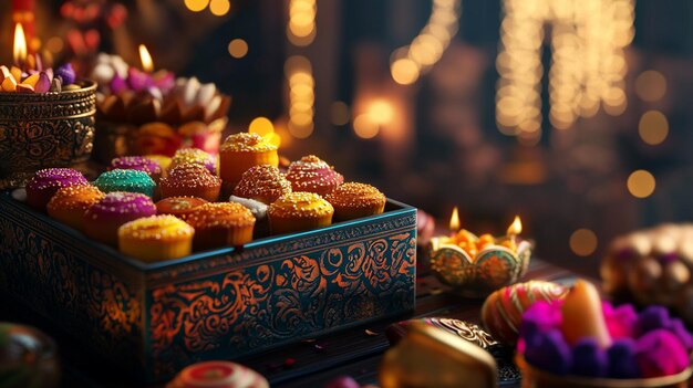 Photo a display of cupcakes with candles and a box of muffins