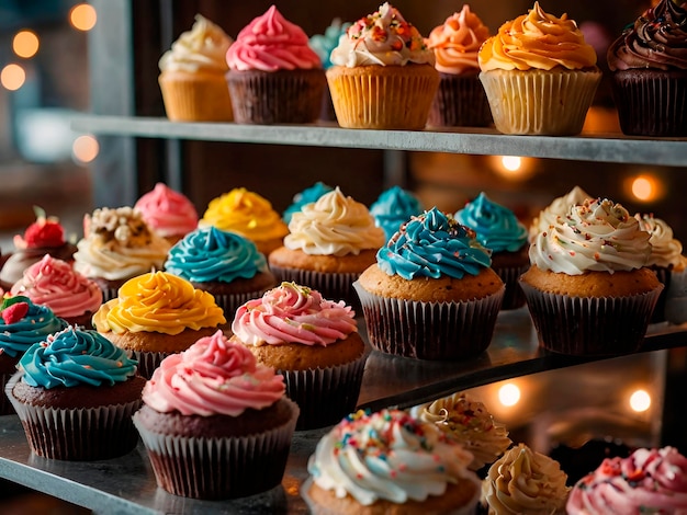 A display of cupcakes with colorful frosting and sprinkles