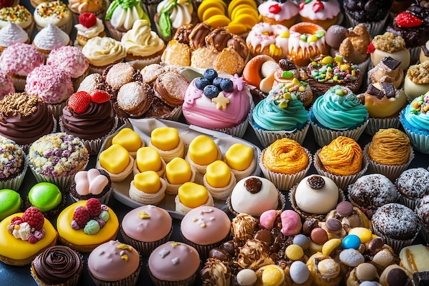 a display of cupcakes with different colors and colors