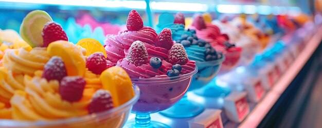 a display of different colored ice creams with raspberries and raspberries