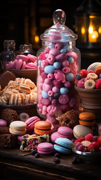 a display of different desserts including blueberries, raspberry, and raspberry.