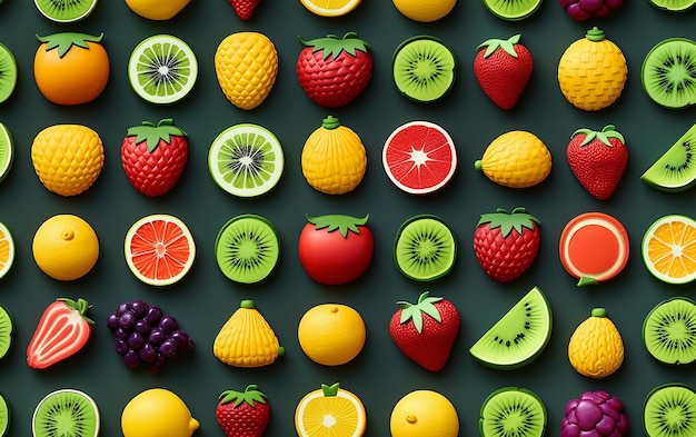 a display of different fruits including one that has a green and red one