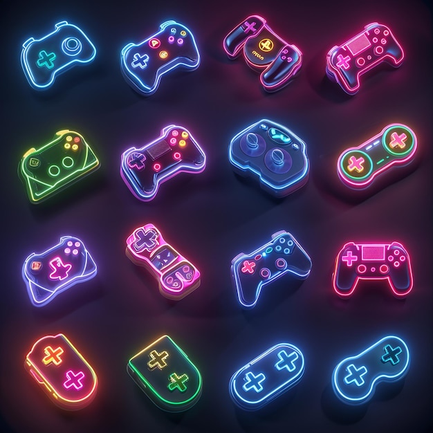 a display of different game controllers with the word game on them