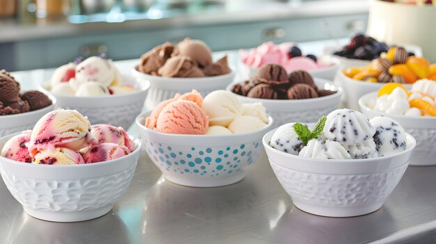 a display of different ice creams in bowls with one that says ice cream