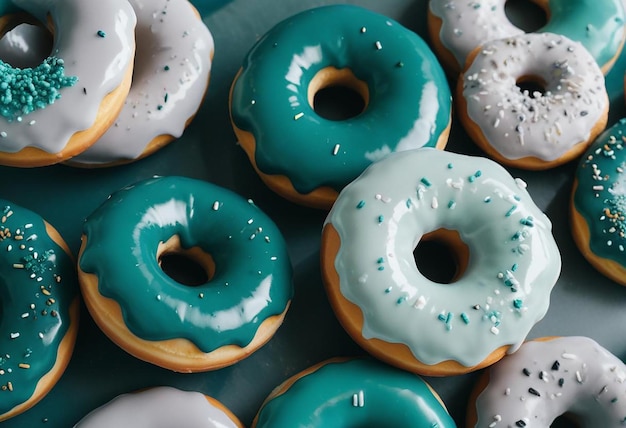 Photo a display of donuts with blue frosting and white frosting