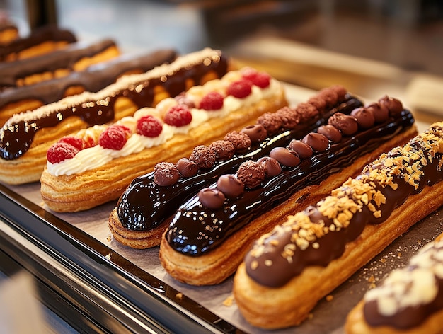 Photo a display of donuts with chocolate frosting and cherries