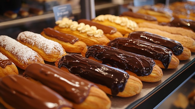 Photo a display of donuts with chocolate frosting and chocolate frosting