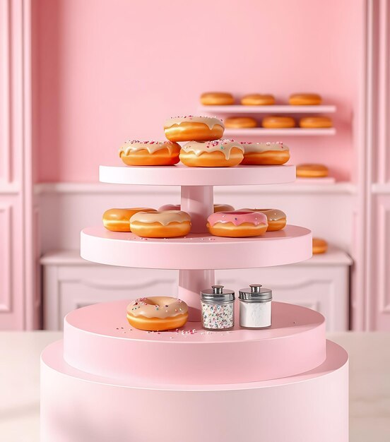 Photo a display of donuts with a pink stand with a number of other donuts on it