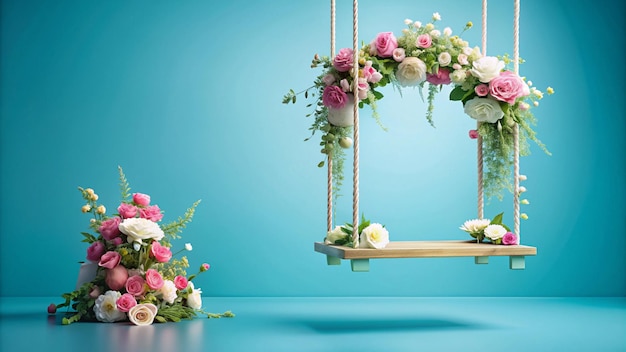 a display of flowers is on a table with a blue background