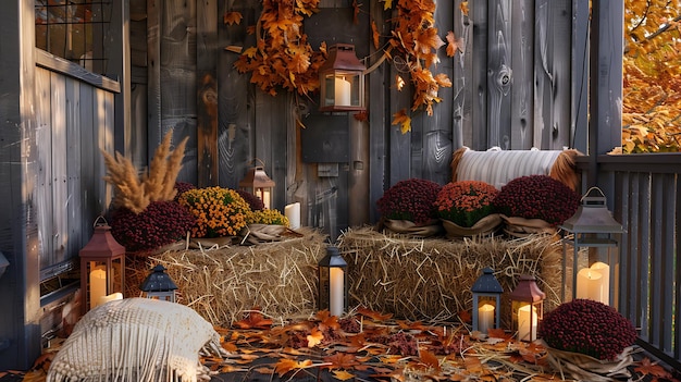 Photo a display of flowers and lanterns is surrounded by a wooden fence