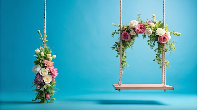 a display of flowers and plants with a blue background