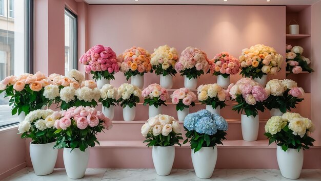 a display of flowers with a pink background and a pink one with a blue flower in it