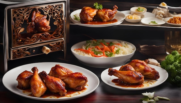 a display of food including chicken rice and rice