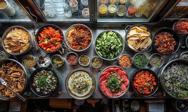 a display of food including vegetables and dips