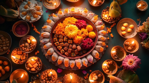 Photo a display of food that is surrounded by candles