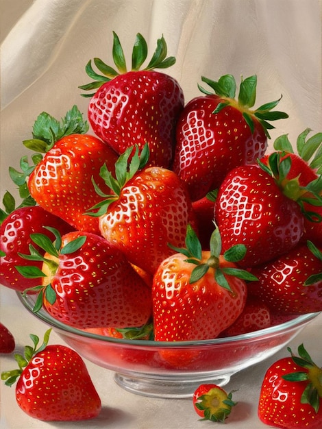 Display of fresh strawberries placed on a glass bowl