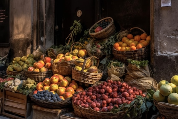 A display of fruit and vegetables including a basket of apples and oranges.