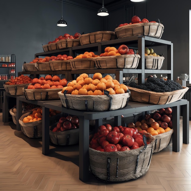 A display of fruits in baskets racks