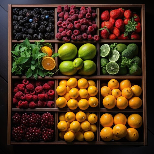 Photo a display of fruits including raspberries raspberries and other fruits