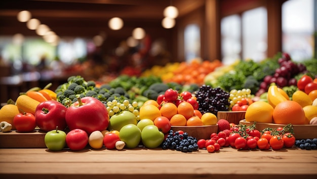 a display of fruits and vegetables including broccoli tomatoes and other fruits