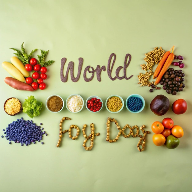 Photo a display of fruits and vegetables including the word world in brown letters