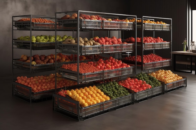 A display of fruits and vegetables in a store.