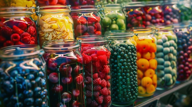 Photo a display of glass jars with different colored fruits in them