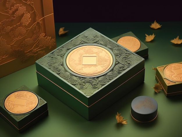 a display of gold coins with a gold leaf on the top