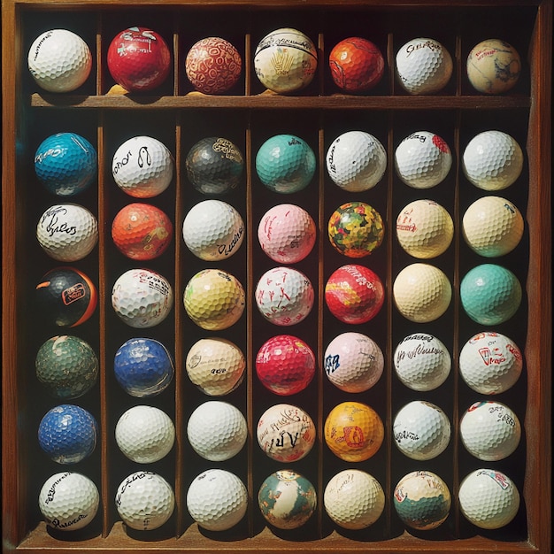 A display of golf balls in various brands and designs